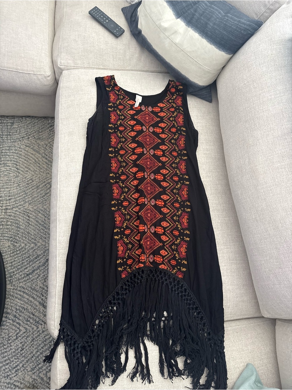 Raga Black Fringe Sleeveless Dress with Red & Orange Embroidered Front